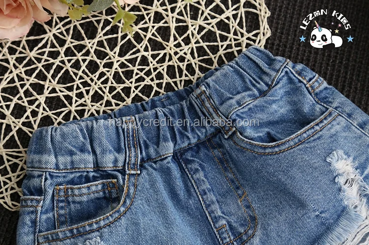 LEZONKIDS - Custom Kids Denim Shorts Mid Waist Casual Western Style Ripped Raw Edge Elastic Waist Cotton Fabric Hot Shorts Pattern Washed